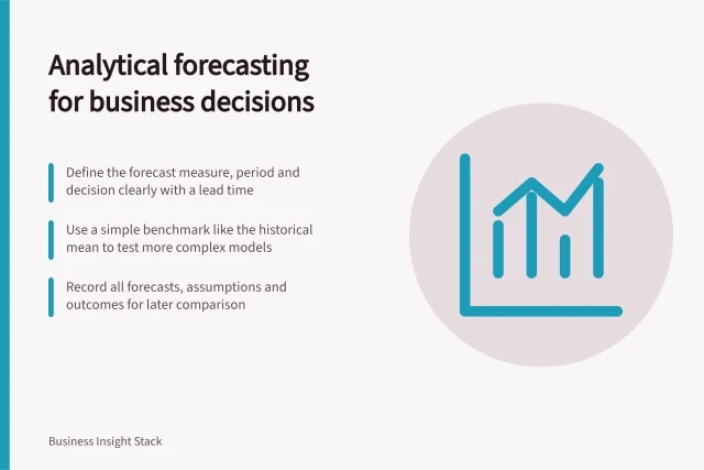 Analytical forecasting for business decisions: Define the forecast measure, period and decision clearly with a lead time; Use a simple benchmark like the historical mean to test more complex models; Record all forecasts, assumptions and outcomes for later comparison. Analytical forecasting