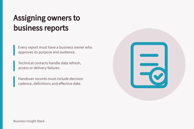 Assigning owners to business reports: Every report must have a business owner who approves its purpose and audience.; Technical contacts handle data refresh, access or delivery failures.; Handover records must include decision cadence, definitions and effective date. Assigning an owner to each recurring business report