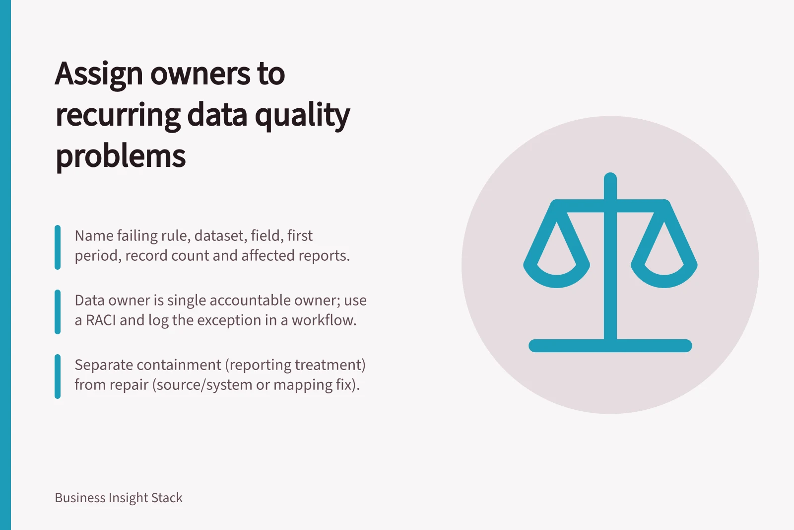 Assign owners to recurring data quality problems: Name failing rule, dataset, field, first period, record count and affected reports.; Data owner is single accountable owner; use a RACI and log the exception in a workflow.; Separate containment (reporting treatment) from repair (source/system or mapping fix).