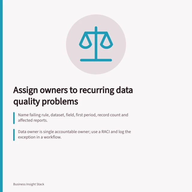 Assign owners to recurring data quality problems: Name failing rule, dataset, field, first period, record count and affected reports.; Data owner is single accountable owner; use a RACI and log the exception in a workflow.; Separate containment (reporting treatment) from repair (source/system or mapping fix). Assigning owners to recurring data quality problems
