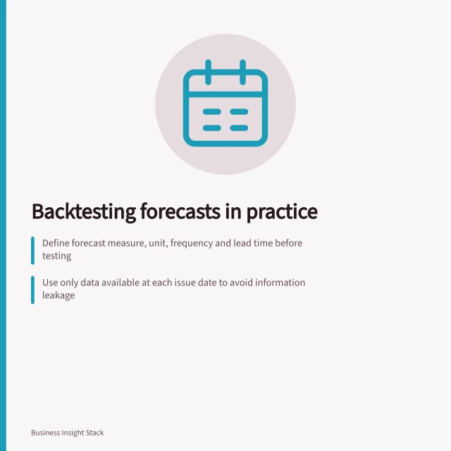 Backtesting forecasts in practice: Define forecast measure, unit, frequency and lead time before testing; Use only data available at each issue date to avoid information leakage; Compare errors across origins using consistent units and outcome rules. Backtesting a forecast using earlier periods