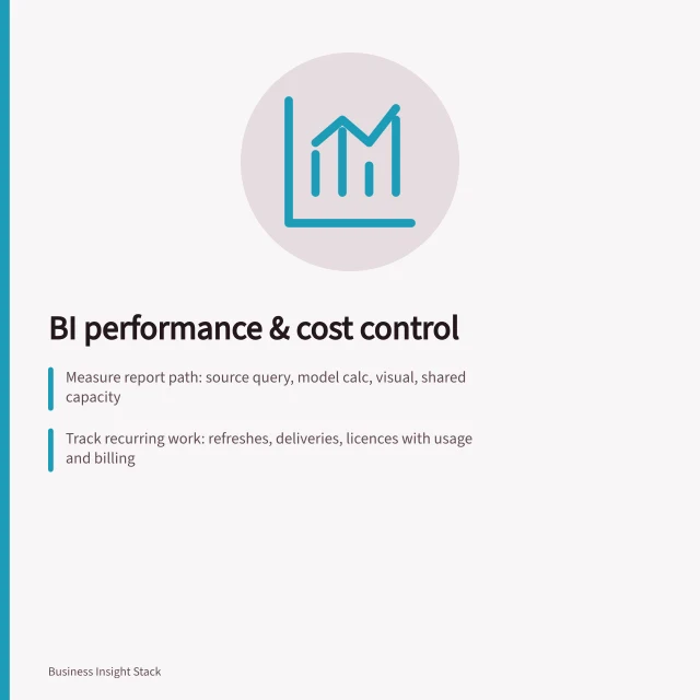 BI performance & cost control: Measure report path: source query, model calc, visual, shared capacity; Track recurring work: refreshes, deliveries, licences with usage and billing; Use diagnostics like Power BI Performance Analyzer and BigQuery jobs metadata. BI system performance and cost control