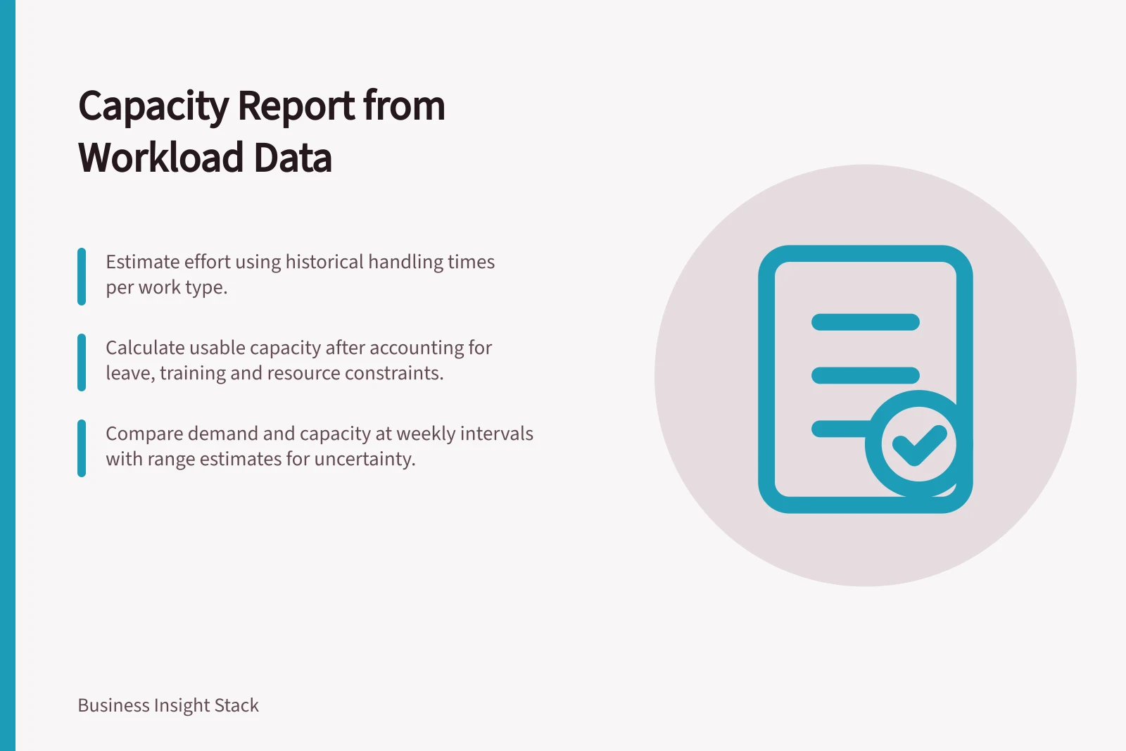 Capacity Report from Workload Data: Estimate effort using historical handling times per work type.; Calculate usable capacity after accounting for leave, training and resource constraints.; Compare demand and capacity at weekly intervals with range estimates for uncertainty.