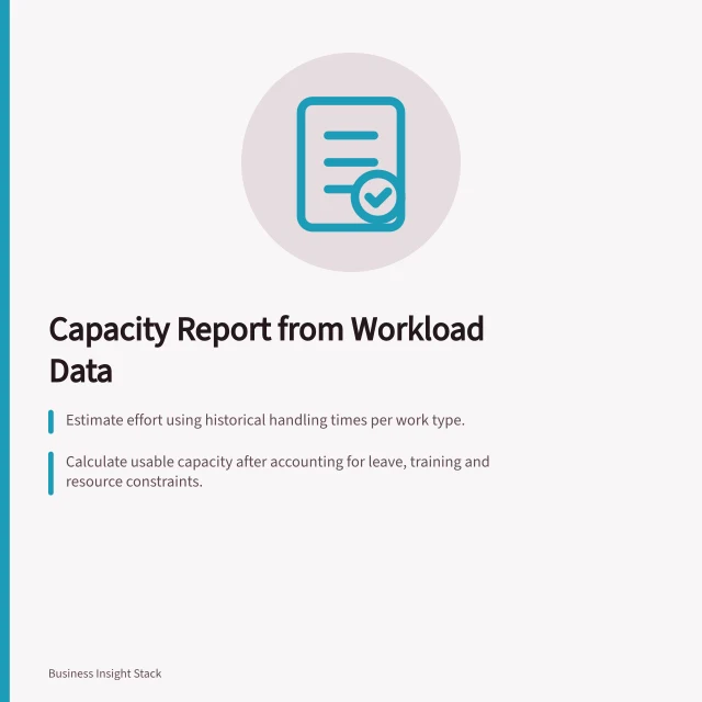 Capacity Report from Workload Data: Estimate effort using historical handling times per work type.; Calculate usable capacity after accounting for leave, training and resource constraints.; Compare demand and capacity at weekly intervals with range estimates for uncertainty. Building a capacity report from actual workload