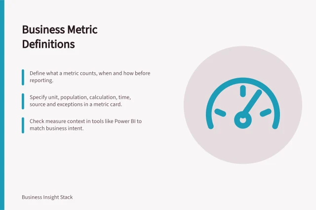 Business Metric Definitions: Define what a metric counts, when and how before reporting.; Specify unit, population, calculation, time, source and exceptions in a metric card.; Check measure context in tools like Power BI to match business intent. Business metric definitions
