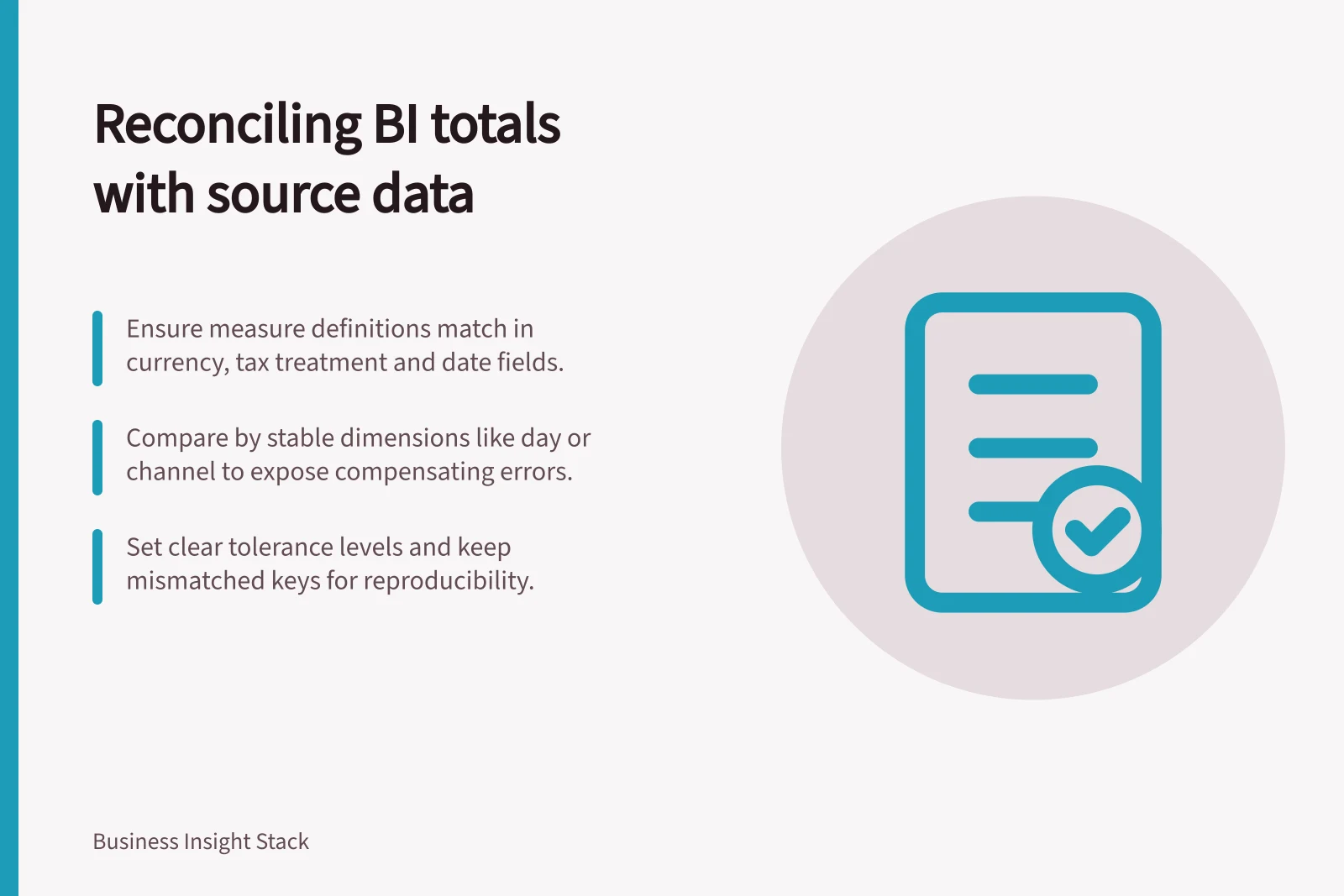 Reconciling BI totals with source data: Ensure measure definitions match in currency, tax treatment and date fields.; Compare by stable dimensions like day or channel to expose compensating errors.; Set clear tolerance levels and keep mismatched keys for reproducibility.
