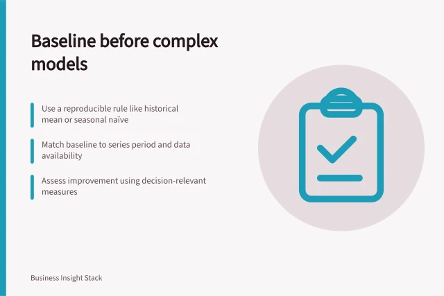 Baseline before complex models: Use a reproducible rule like historical mean or seasonal naïve; Match baseline to series period and data availability; Assess improvement using decision-relevant measures. Choosing a baseline before adding a complex model