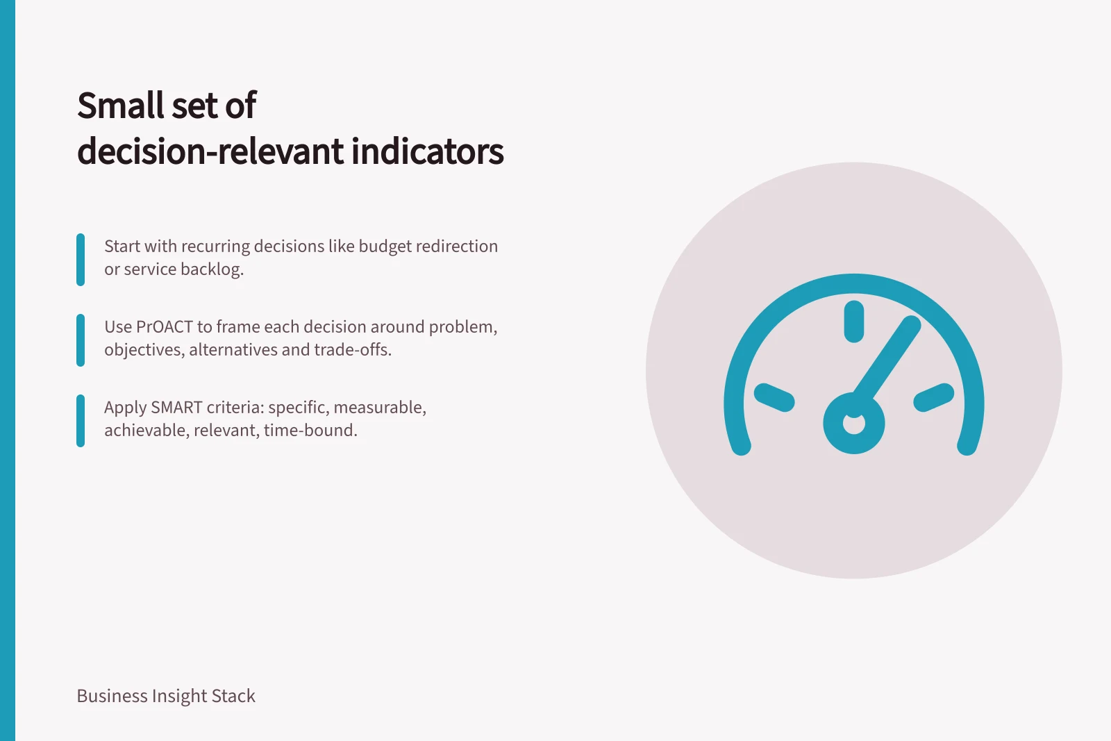 Small set of decision-relevant indicators: Start with recurring decisions like budget redirection or service backlog.; Use PrOACT to frame each decision around problem, objectives, alternatives and trade-offs.; Apply SMART criteria: specific, measurable, achievable, relevant, time-bound.