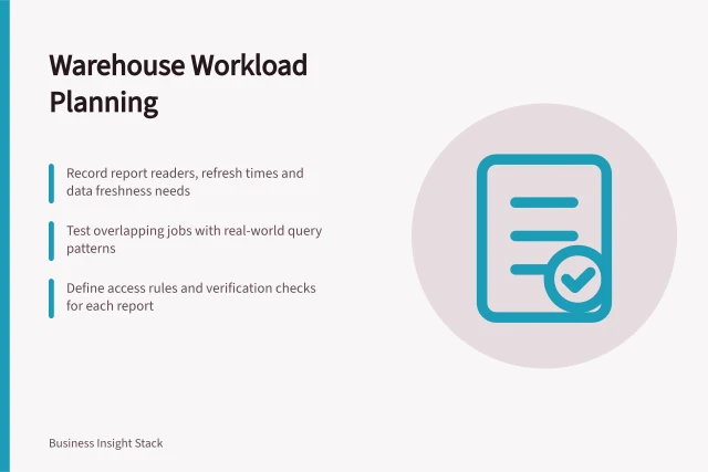 Warehouse Workload Planning: Record report readers, refresh times and data freshness needs; Test overlapping jobs with real-world query patterns; Define access rules and verification checks for each report. Choosing warehouse requirements from reporting workloads