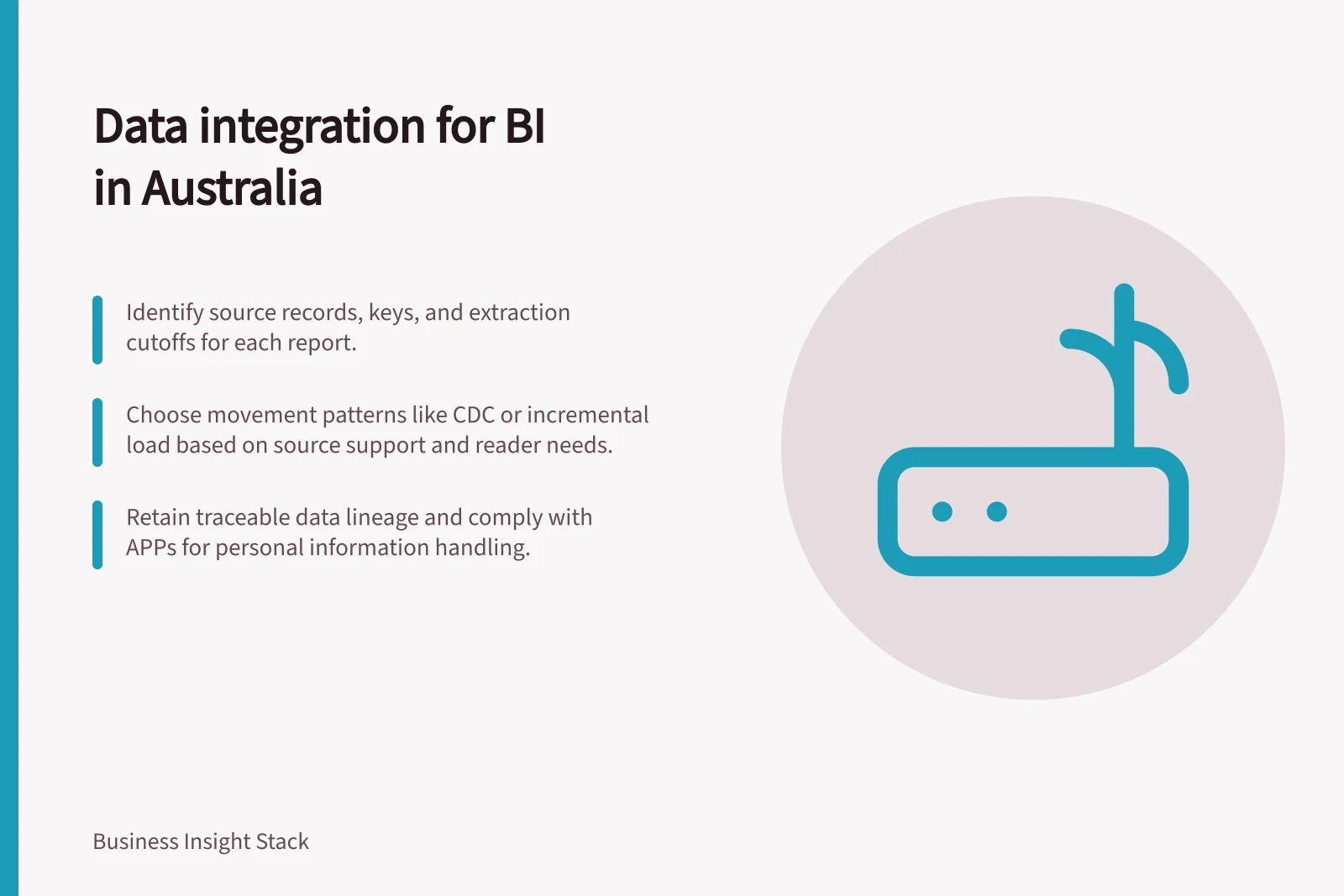 Data integration for BI in Australia: Identify source records, keys, and extraction cutoffs for each report.; Choose movement patterns like CDC or incremental load based on source support and reader needs.; Retain traceable data lineage and comply with APPs for personal information handling.