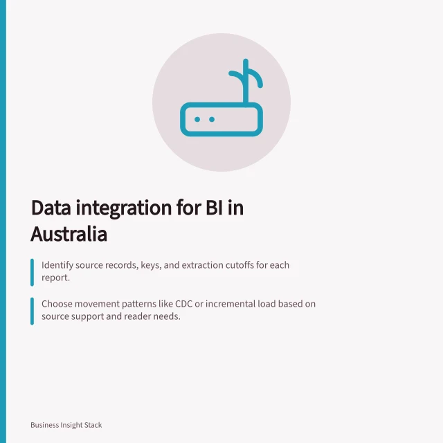 Data integration for BI in Australia: Identify source records, keys, and extraction cutoffs for each report.; Choose movement patterns like CDC or incremental load based on source support and reader needs.; Retain traceable data lineage and comply with APPs for personal information handling. Data integration for BI