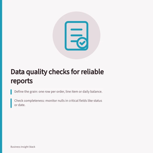 Data quality checks for reliable reports: Define the grain: one row per order, line item or daily balance.; Check completeness: monitor nulls in critical fields like status or date.; Run executable tests in dbt: SQL queries that flag failing records. Data quality checks