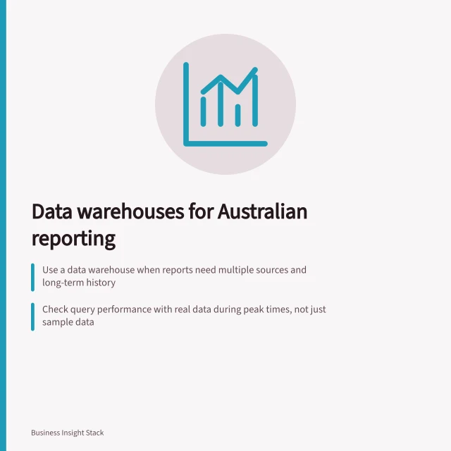 Data warehouses for Australian reporting: Use a data warehouse when reports need multiple sources and long-term history; Check query performance with real data during peak times, not just sample data; Track figure origins, source ownership and load cutoffs for auditability. Data warehouses and analytical storage