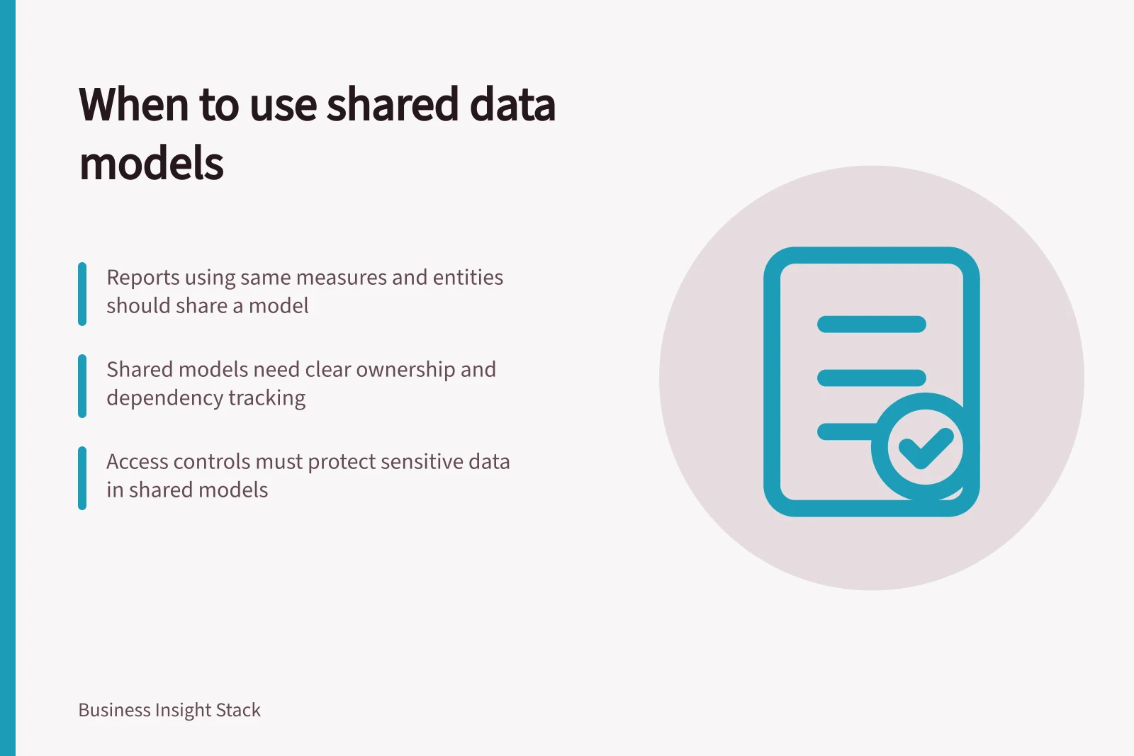 When to use shared data models: Reports using same measures and entities should share a model; Shared models need clear ownership and dependency tracking; Access controls must protect sensitive data in shared models