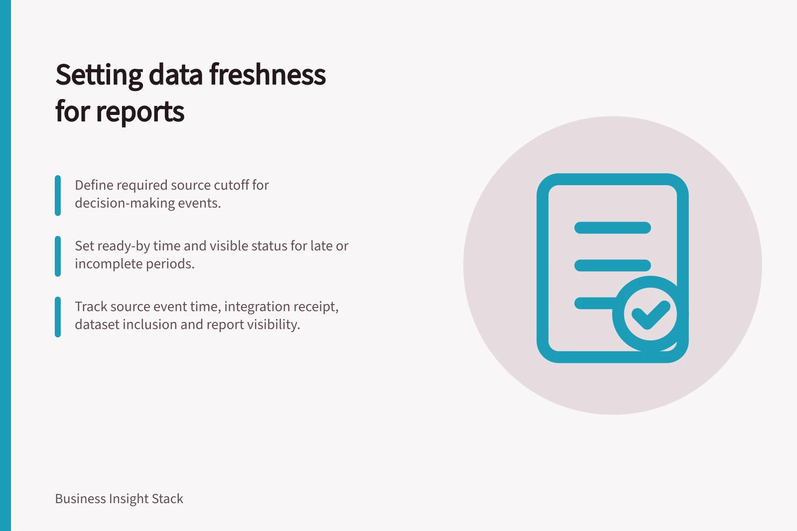 Setting data freshness for reports: Define required source cutoff for decision-making events.; Set ready-by time and visible status for late or incomplete periods.; Track source event time, integration receipt, dataset inclusion and report visibility.