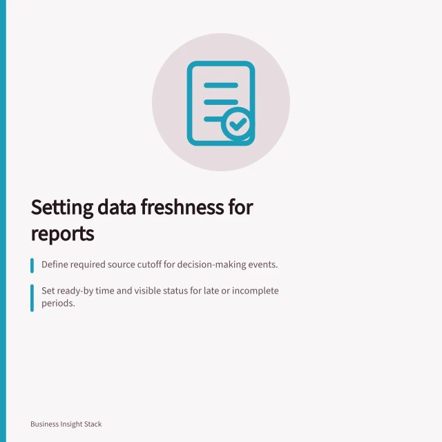 Setting data freshness for reports: Define required source cutoff for decision-making events.; Set ready-by time and visible status for late or incomplete periods.; Track source event time, integration receipt, dataset inclusion and report visibility. Defining data freshness expectations for a report