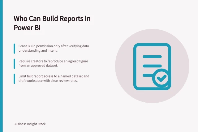 Who Can Build Reports in Power BI: Grant Build permission only after verifying data understanding and intent.; Require creators to reproduce an agreed figure from an approved dataset.; Limit first report access to a named dataset and draft workspace with clear review rules. Defining which users can build their own reports