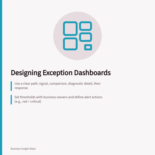 Designing Exception Dashboards: Use a clear path: signal, comparison, diagnostic detail, then response; Set thresholds with business owners and define alert actions (e.g., red = critical); Link dashboard visuals to supporting reports in Power BI for detailed investigation. Designing a dashboard that explains exceptions