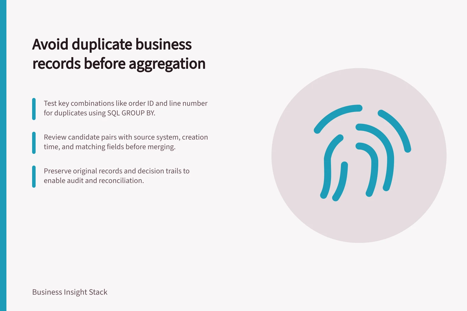 Avoid duplicate business records before aggregation: Test key combinations like order ID and line number for duplicates using SQL GROUP BY.; Review candidate pairs with source system, creation time, and matching fields before merging.; Preserve original records and decision trails to enable audit and reconciliation.
