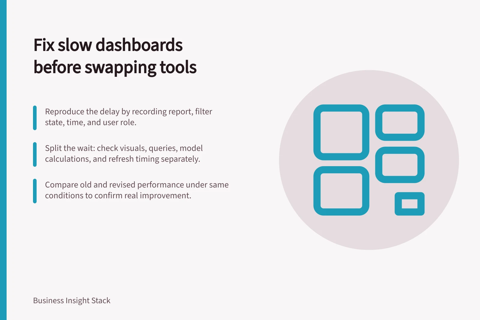 Fix slow dashboards before swapping tools: Reproduce the delay by recording report, filter state, time, and user role.; Split the wait: check visuals, queries, model calculations, and refresh timing separately.; Compare old and revised performance under same conditions to confirm real improvement.