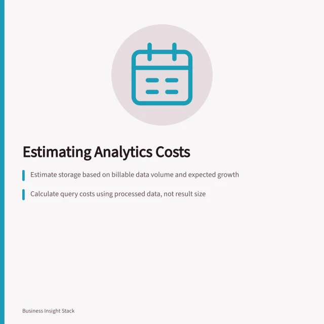 Estimating Analytics Costs: Estimate storage based on billable data volume and expected growth; Calculate query costs using processed data, not result size; Apply service-specific rates for BigQuery, Snowflake or serverless features. Estimating analytical storage and compute costs