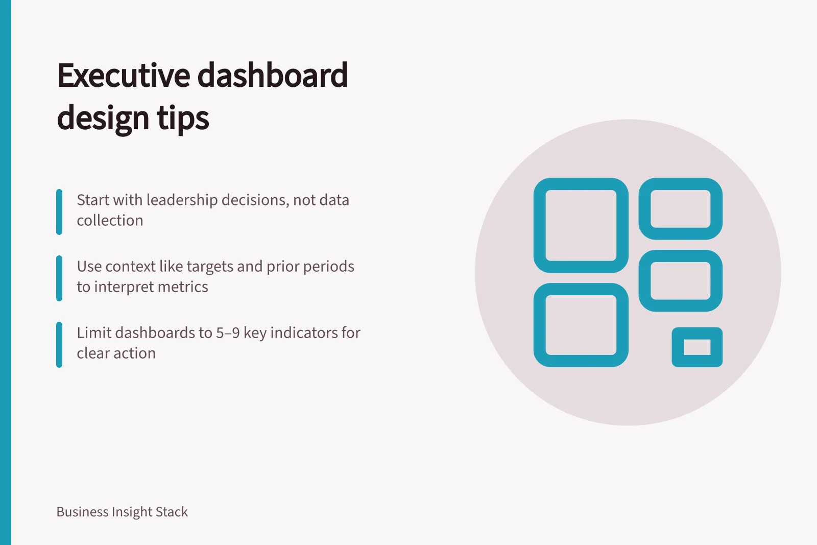 Executive dashboard design tips: Start with leadership decisions, not data collection; Use context like targets and prior periods to interpret metrics; Limit dashboards to 5–9 key indicators for clear action