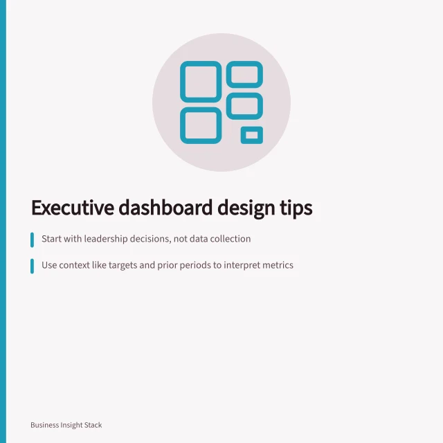Executive dashboard design tips: Start with leadership decisions, not data collection; Use context like targets and prior periods to interpret metrics; Limit dashboards to 5–9 key indicators for clear action. Executive dashboard design