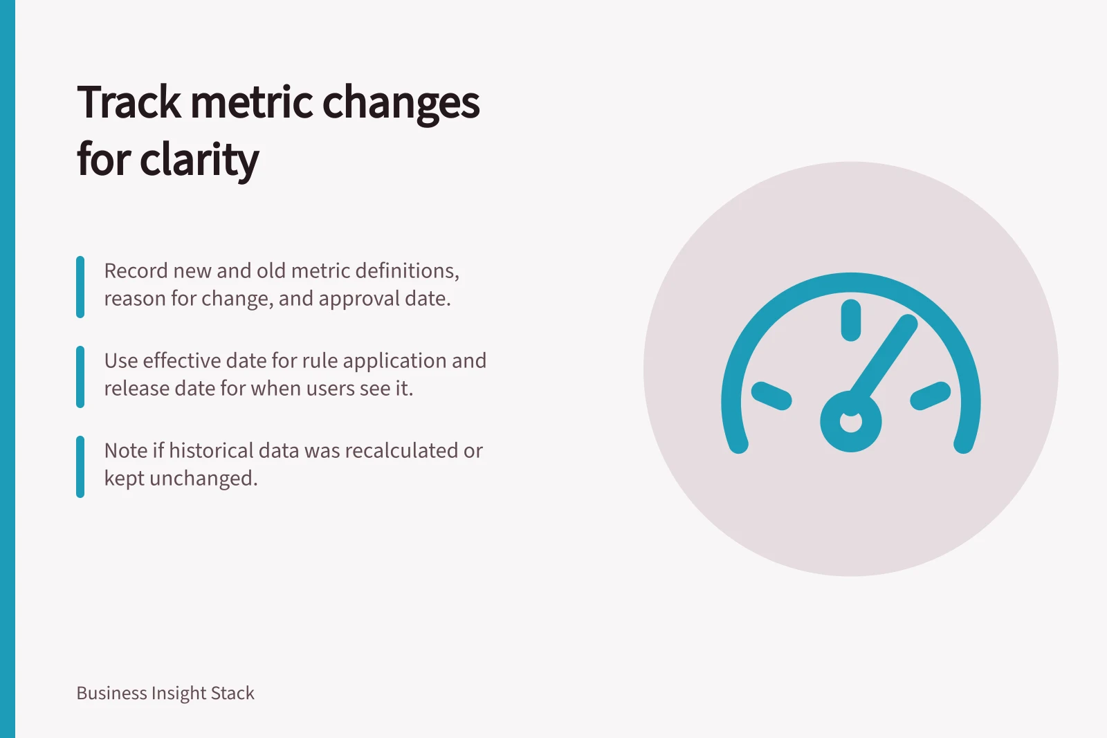 Track metric changes for clarity: Record new and old metric definitions, reason for change, and approval date.; Use effective date for rule application and release date for when users see it.; Note if historical data was recalculated or kept unchanged.