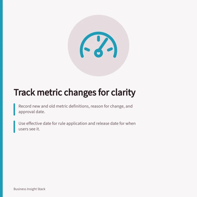 Track metric changes for clarity: Record new and old metric definitions, reason for change, and approval date.; Use effective date for rule application and release date for when users see it.; Note if historical data was recalculated or kept unchanged. Keeping a record of metric definition changes