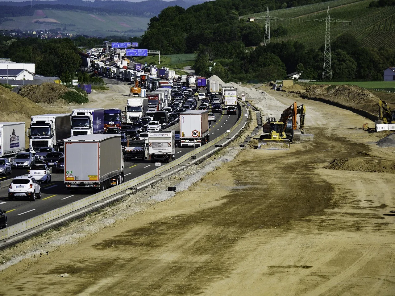 traffic jam, construction site, highway, excavator, underground, traffic, road, construction work, guard rail, construction site backlog, vehicles, car, truck, a6, heilbronn, weinsberger kreuz