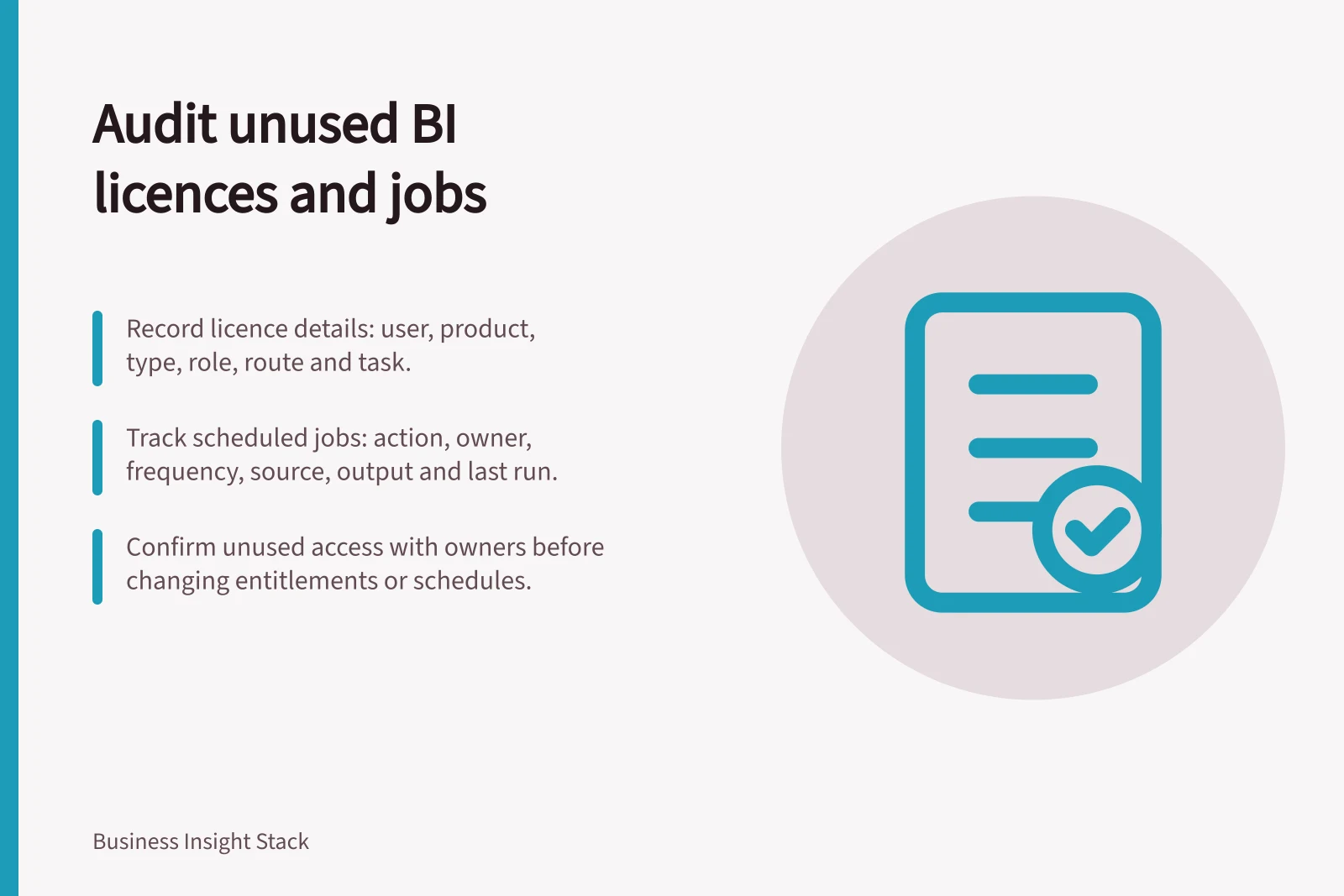 Audit unused BI licences and jobs: Record licence details: user, product, type, role, route and task.; Track scheduled jobs: action, owner, frequency, source, output and last run.; Confirm unused access with owners before changing entitlements or schedules.