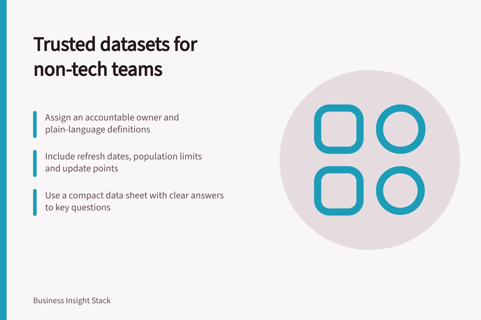 Trusted datasets for non-tech teams: Assign an accountable owner and plain-language definitions; Include refresh dates, population limits and update points; Use a compact data sheet with clear answers to key questions