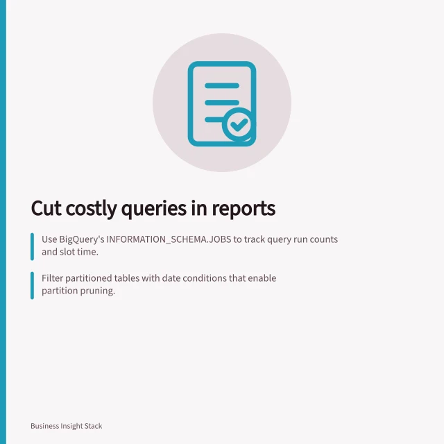 Cut costly queries in reports: Use BigQuery's INFORMATION_SCHEMA.JOBS to track query run counts and slot time.; Filter partitioned tables with date conditions that enable partition pruning.; Reduce report frequency only if source cutoff and delivery times are still met. Reducing expensive queries in recurring reports