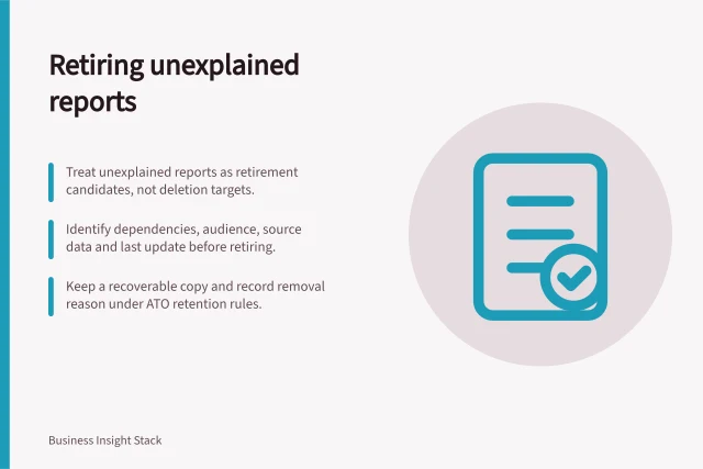Retiring unexplained reports: Treat unexplained reports as retirement candidates, not deletion targets.; Identify dependencies, audience, source data and last update before retiring.; Keep a recoverable copy and record removal reason under ATO retention rules. Retiring reports nobody can explain