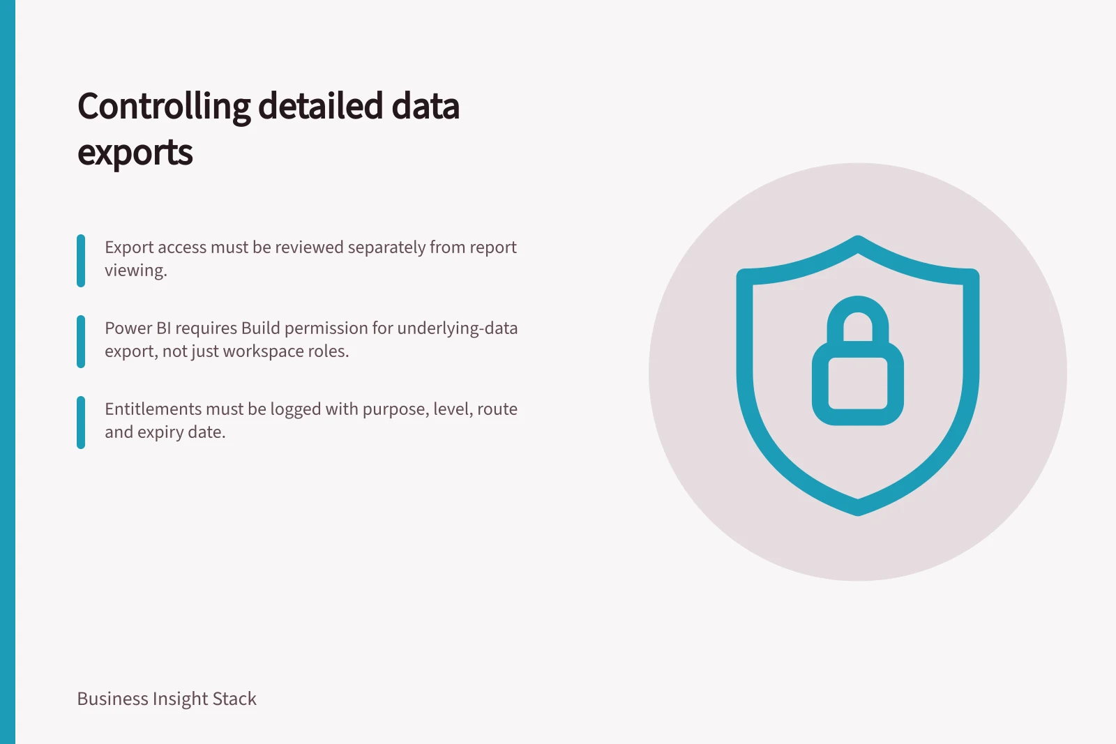 Controlling detailed data exports: Export access must be reviewed separately from report viewing.; Power BI requires Build permission for underlying-data export, not just workspace roles.; Entitlements must be logged with purpose, level, route and expiry date.