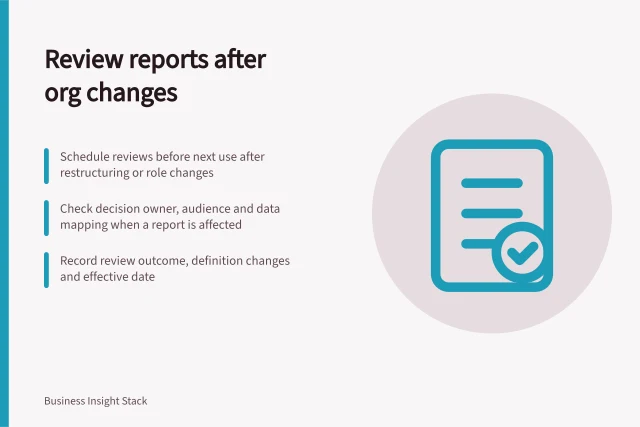 Review reports after org changes: Schedule reviews before next use after restructuring or role changes; Check decision owner, audience and data mapping when a report is affected; Record review outcome, definition changes and effective date. Scheduling report reviews after organisational changes