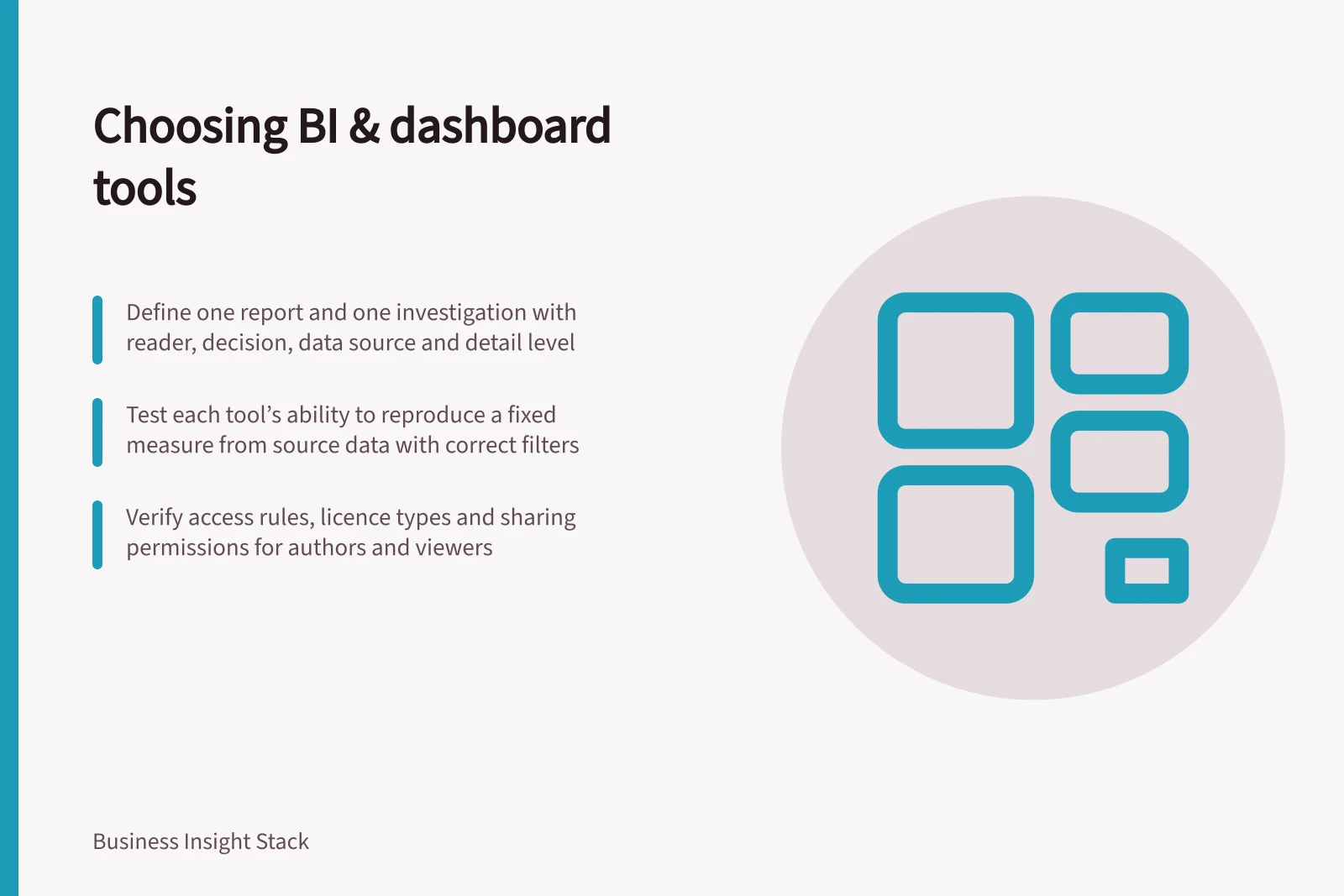 Choosing BI & dashboard tools: Define one report and one investigation with reader, decision, data source and detail level; Test each tool’s ability to reproduce a fixed measure from source data with correct filters; Verify access rules, licence types and sharing permissions for authors and viewers
