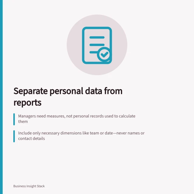 Separate personal data from reports: Managers need measures, not personal records used to calculate them; Include only necessary dimensions like team or date—never names or contact details; Check filter combinations for re-identification risk under the Australian Privacy Act. Separating personal data from management reporting